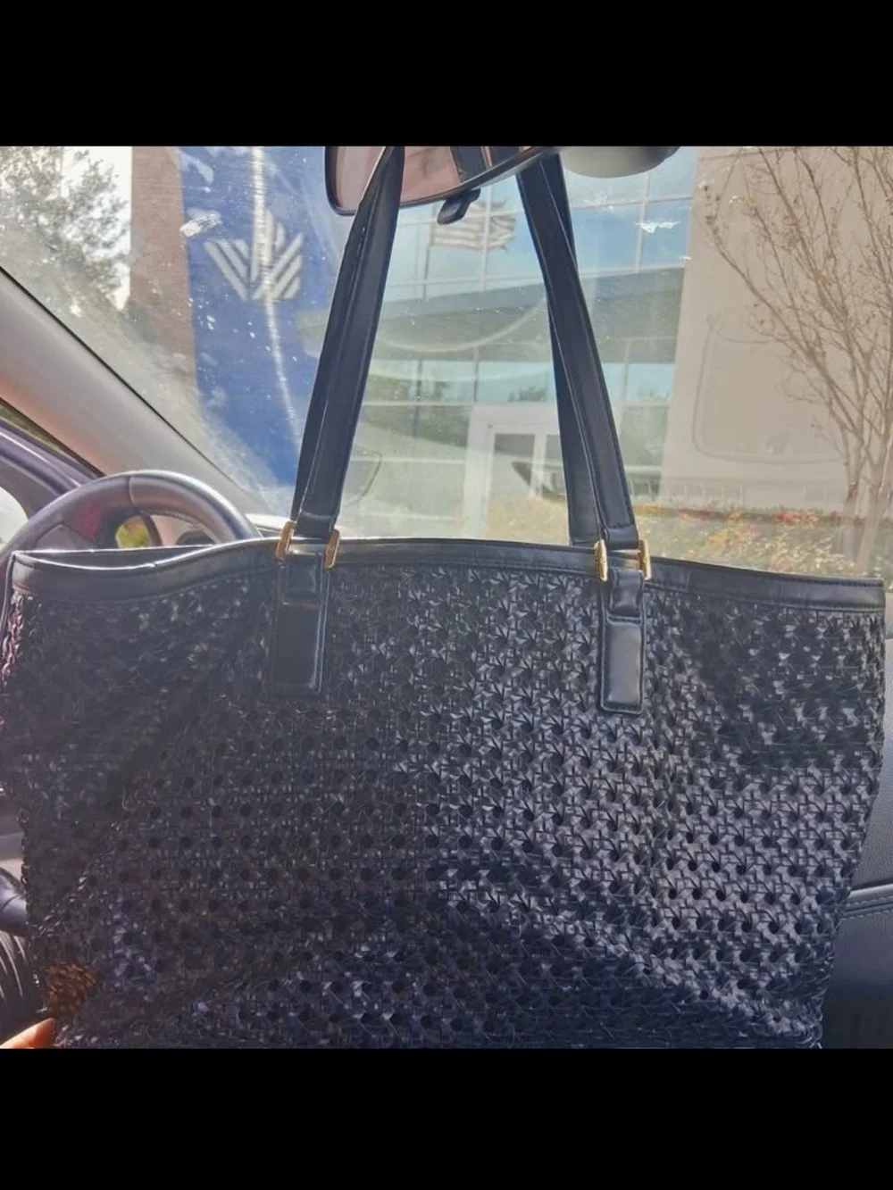 Tory Burch Black Woven Leather Tote with Gold Logo